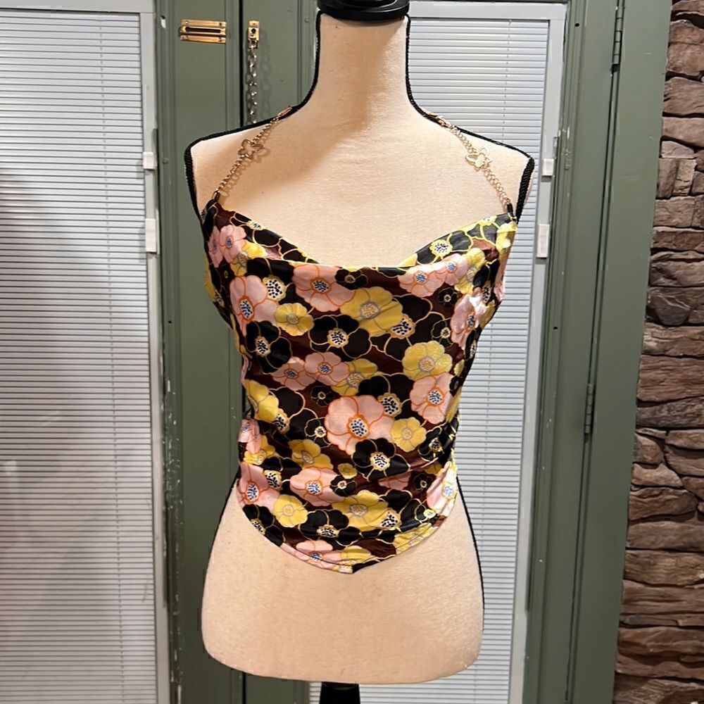 192. Y2K Rue21 Funky Flower bandana top butterfly metal chain halter Size XL NWT